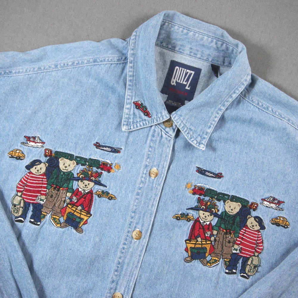 Vintage Denim Teddy Bear Embroidered Western Quizz Woman Retro Women Shirt 22